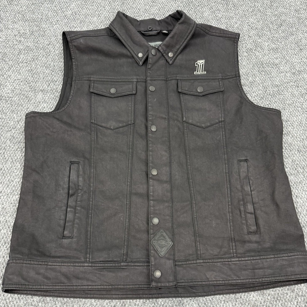 Harley-Davidson Men's XXL (2XL) Slim Black Canvas Riding Vest Jacket Skull
